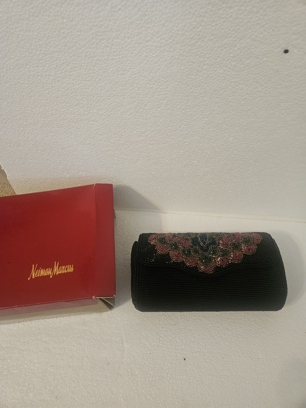 Neiman Marcus Black Beaded Evening Clutch with Pink & Blue Embellishment